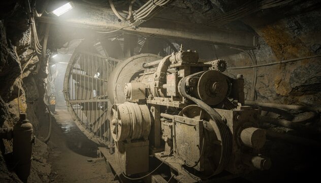 Medium shot focused on engine and belt system propelling large axial ventilation fan inside tunnel emphasizing mechanical components and confined mining workspace.