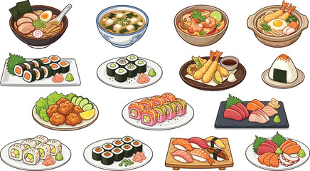 Japanese Cuisine Collection Featuring Sushi, Ramen, Tempura, Rice Bowls, and Sashimi for Culinary and Restaurant Illustrations © Ismail