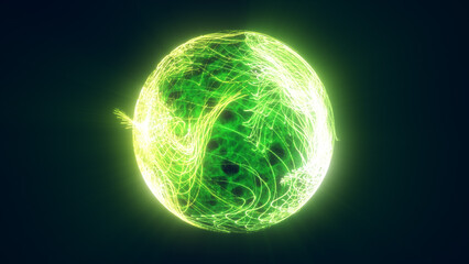 Futuristic green energy orb with glowing light trails and plasma texture on a dark abstract background © Bolbik