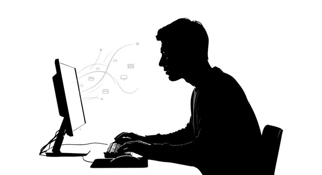 Professional man typing on a computer keyboard with incoming digital email icons flowing from the monitor in this clean and minimalist vector graphic design illustration project