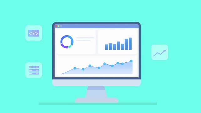 Animated desktop monitor displaying analytics dashboard with coding and document icons, representing software development and digital business technology.