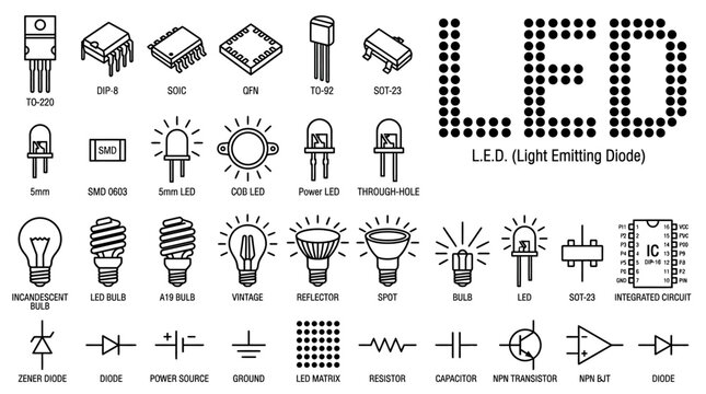 Set of electronic components and light emitting diode symbols.