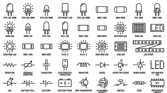 Set of electronic component symbols and light emitting diode icons.