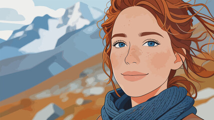 Obraz premium Illustration of Red-haired Woman in Mountain Outdoor Scenery