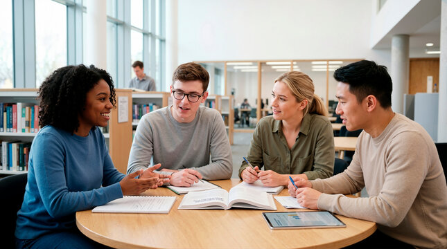Diverse college students collaborating on a project in a modern library. Study group discussing work at a round table