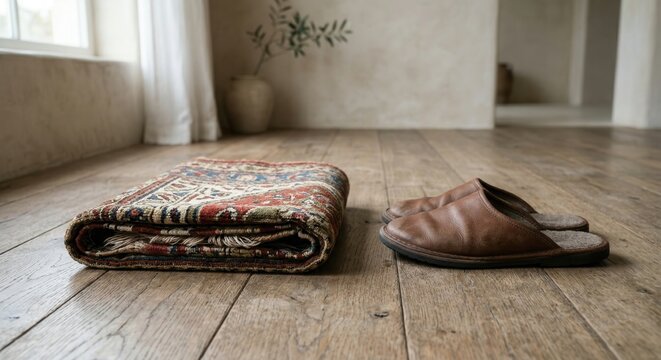 Prayer rug and slippers for Islamic home worship, still life