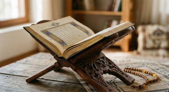 Open Quran on wooden rehal with tasbih, Islamic still life