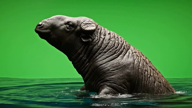 Close-Up Of A Bull Emerging From Water With Splashes Against A Green Screen Background For VFX Usage