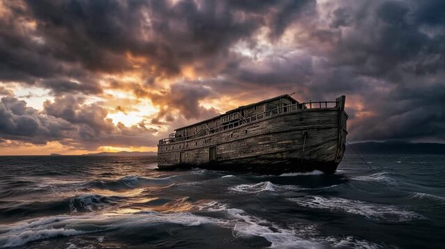 Noah's Ark sailing on turbulent seas under a stormy sunset sky, a dramatic biblical portrayal of the Great Flood, survival, divine judgment, animals, and the covenant.