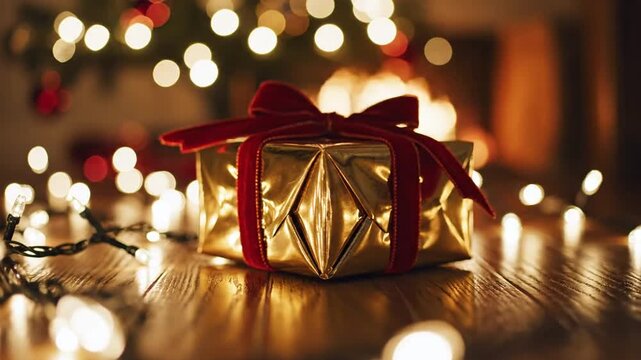 A gold gift box with a red bow on a wooden table with lights.