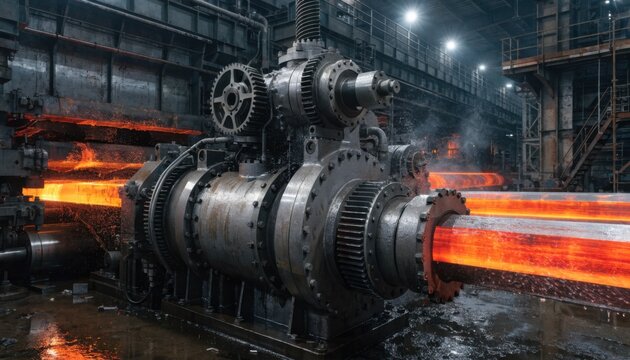 Side view medium shot of a parallel shaft gearbox integrated with planetary and vertical gearboxes in a highcapacity rolling mill operation.