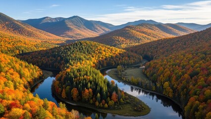 Naklejka premium aerial autumn river valley with golden forests and winding waterway in serene landscape