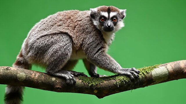 Close-Up of a Carlito de Zorro Monkey Exploring a Moss-Covered Branch Against a Smooth Green Screen Background