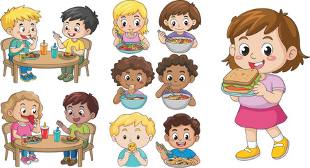 Naklejka premium Adorable diverse cartoon children eating various meals at table with pasta, sandwich, salad, cookies and drinks, happy multicultural kids lunch scene flat vector illustration