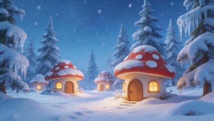 Fototapeta premium Snowy mushroom houses in forest