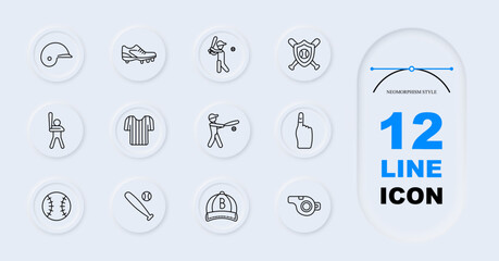 Baseball extended set icon. Baseball ball, bat swing, cap with letter, whistle referee, helmet gear, uniform shirt, hitting player, fan support, sports equipment, professional league elements © Anastasia