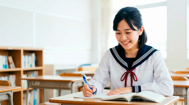 Smiling Japanese teenage girl in traditional school uniform studying in classroom. Happy high school student writing in notebook at desk