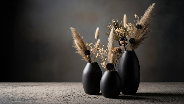 minimalist dried wheat stalks in dark ceramic vases moody home decor