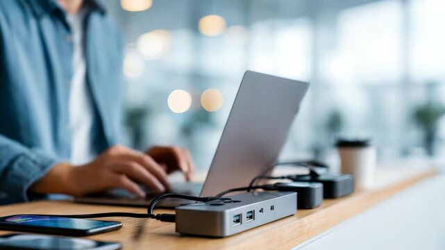 A professional setting features a laptop linked to smartphones and gadgets via a docking station, highlighting efficient multitasking. The blurred background emphasizes a contemporary office vibe