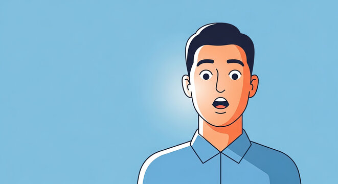 surprised man expressing astonishment against a light blue background with copy space