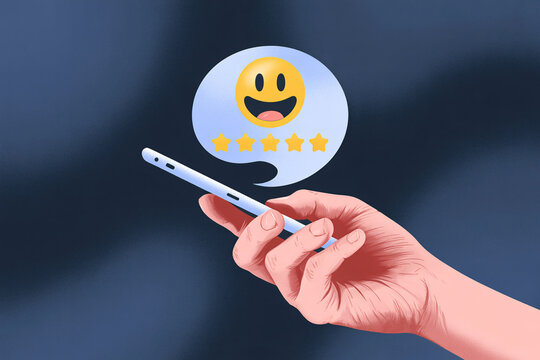 Hand holding smartphone with smiling face rating and five stars, feedback and review concept for app and website