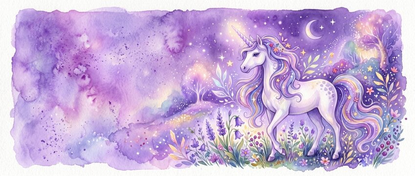 Watercolor illustration of a magical unicorn in a glowing night forest. Fantasy purple banner template with moon and stars. Copy space for text