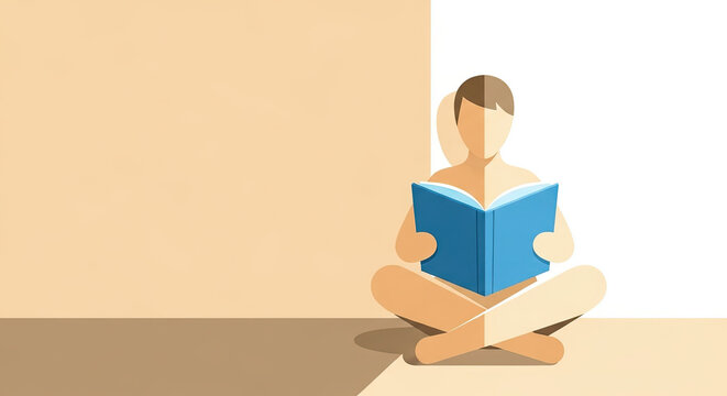 A person sitting in a calm mood while reading a book against a minimalist background with copy space