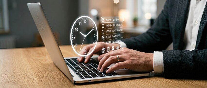 Time management techniques for professionals in a modern workspace using laptops digital tools and efficient practices in a home office setting