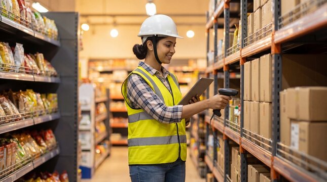 warehouse worker using tablet scanner, indian woman inventory management. female warehouse employee scanning stock, logistics retail worker