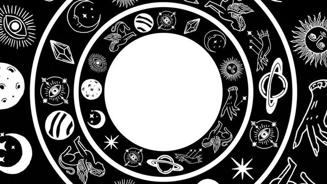 seamless loop of black and white monochrome circular mandala tarrot pattern rotating in opposite direction each other, with copy space in center