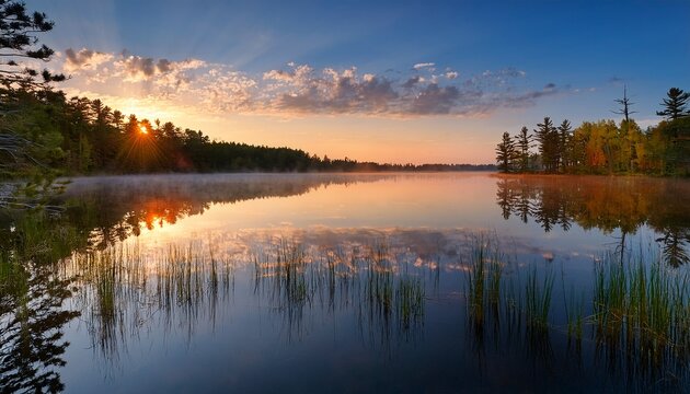 a sunrise sky reflected in the calm surface of a secluded northwoods lake oneida county wisconsin