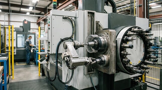 Medium shot of a sidemount tool changer being tested emphasizing the compact design and efficient tool swapping in a modern manufacturing environment.