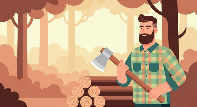 Lumberjack with a confident demeanor holding an axe near a stack of logs against a serene forest background