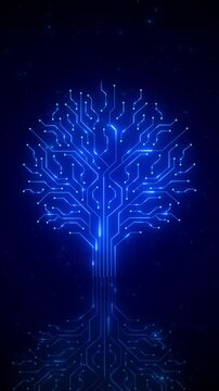 Digital circuit tree backdrop electric blue lines, node points, branching network pattern, tech space. artificial intelligence videos, data concepts, science titles, startup promos, learning visuals,