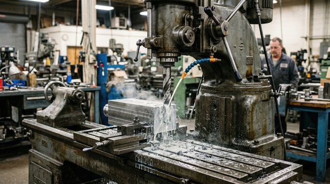 Medium shot showcasing vertical drilling on a robust cast iron lathe bed emphasizing fine details and smooth coolant application during heavyduty metalwork.
