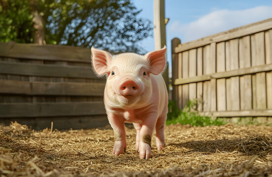 A snoopy piglet in a pigsty floor covered with straw