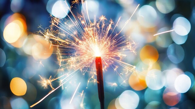 dazzling burning sparkler emitting bright golden sparks against a blurred bokeh background of soft blue and warm orange lights, festivity, celebration, magical moments, parties, joyful events.