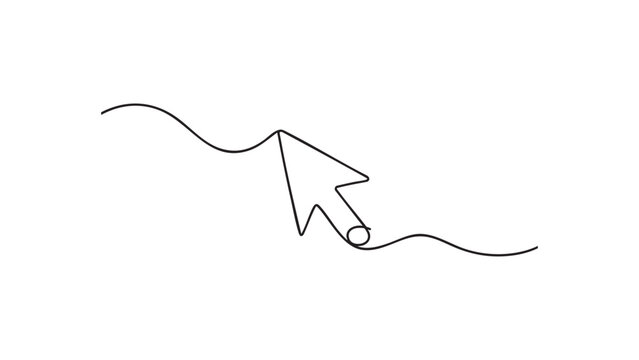Abstract mouse cursor arrow pointing at dot in single continuous line drawing art concept.
