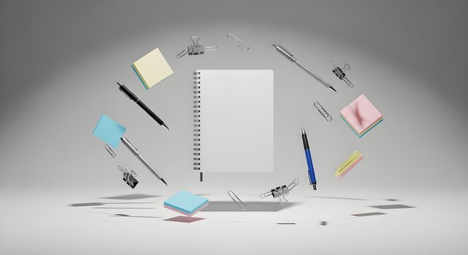 Floating stationery and office supplies including a spiral notebook, pens, sticky notes, and paper clips arranged in a circle on a grey background
