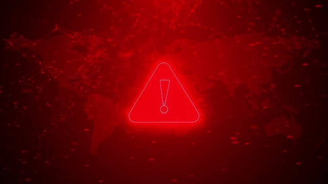 Red cyber warning alert background glowing hazard world map, network nodes, data numbers. security videos, hacking alerts, system risk visuals, breaking news graphics, and digital threat animations.