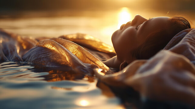 Cinematic close up of a silhouetted figure floating gently on bright softly defocused calm water wrapped in soft fabric and bathed in golden sunlight beauty wellness water