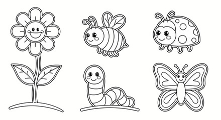 Naklejka premium cute cartoon insects and flower line art illustrations for kids coloring book or educational materials