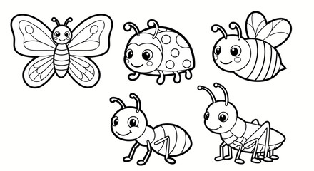 Fototapeta premium cute cartoon insects set with butterfly, ladybug, bee, ant, and grasshopper for kids coloring book