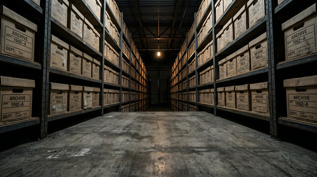 empty warehouse aisle with stacked wooden crates in dim industrial lighting