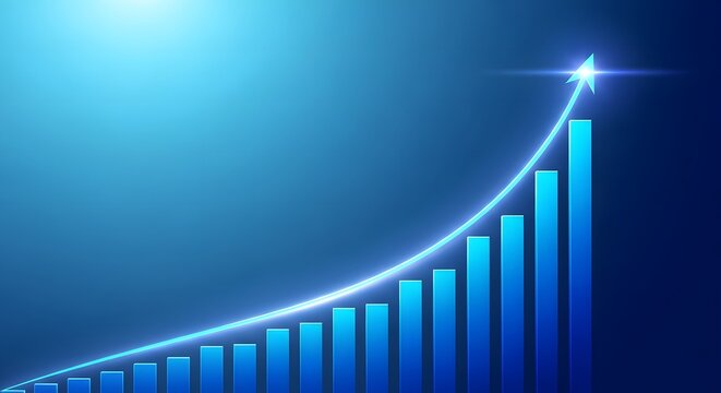 Blue bar graph with upward trend digital illustration with gradient background high quality