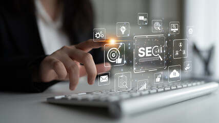 SEO concept for improving SEO visibility, with SEO related digital tools and SEO performance icons...
