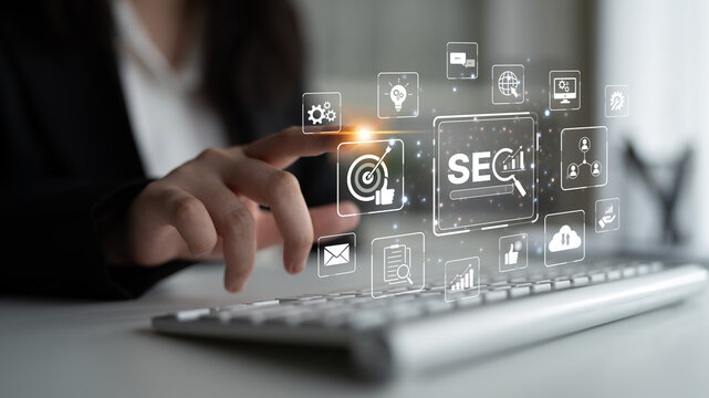 SEO concept for improving SEO visibility, with SEO related digital tools and SEO performance icons shown in an focused layout for strategic marketing. Spline
