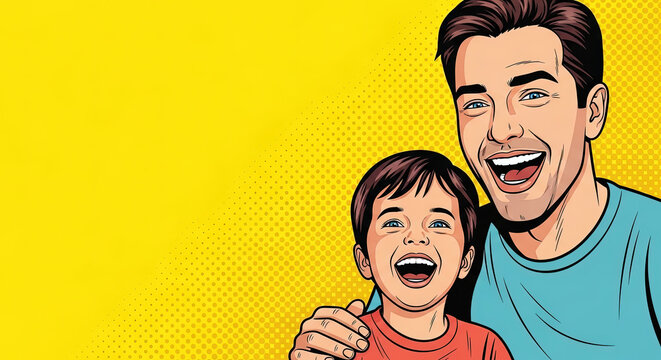 joyful father and son sharing laughter in pop art style against a vibrant yellow background with copy space