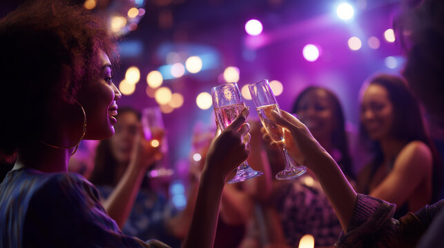 Cinematic wide view of softly silhouetted friends gathered on a bright softly defocused nightclub dance floor raising glasses with soft purple lights overhead friends