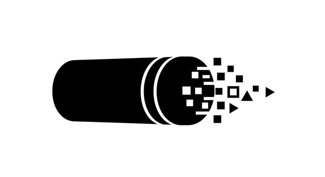 Abstract cylinder icon with digital pixel dispersion effect.